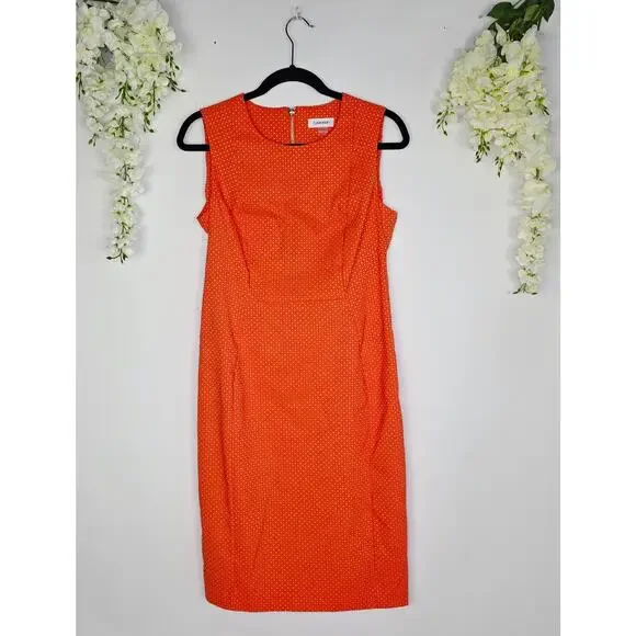 Calvin Klein Sheath Dress 10 Orange Polka Dot Sleeveless Preppy Modern Career - Picture 2 of 14
